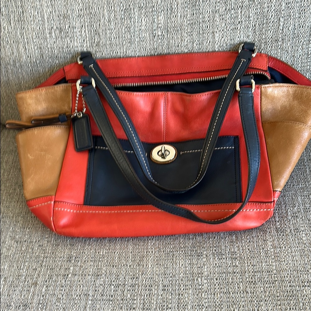 Coach Orange /Navy Blue/Tan Leather Shoulder Bag. Navy Blue Lining.